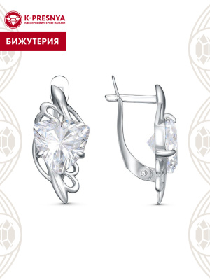 Серьги бижутерия, покрытие - платинирование, вставка - фианит (недрагоценный камень)