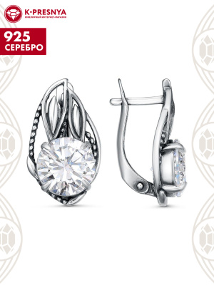 Серьги серебро 925 пробы, покрытие - оксидирование, вставка - фианит (недрагоценный камень)