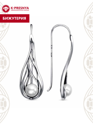 Серьги бижутерия, покрытие - серебрение с оксидированием, вставка - имитация жемчуга