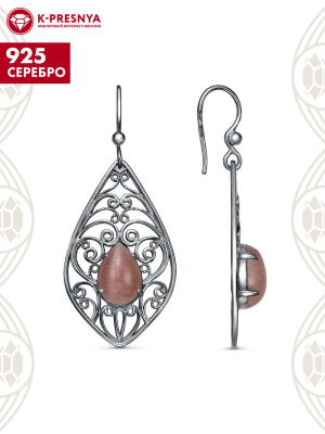 Серьги серебро 925 пробы, покрытие - оксидирование, вставка - искусственный кошачий глаз