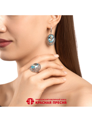 Серьги серебро 925 пробы, покрытие - оксидирование, вставка - топаз голубой (искусственный)