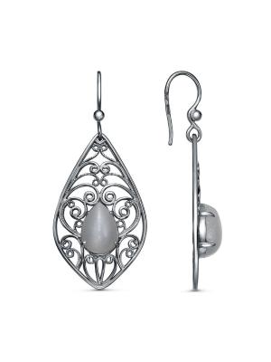 Серьги серебро 925 пробы, покрытие - оксидирование, вставка - искусственный кошачий глаз