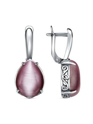 Серьги бижутерия, покрытие - серебрение с оксидированием, вставка - искусственный кошачий глаз