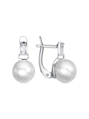 Серьги бижутерия, покрытие - платинирование, вставка - имитация жемчуга, фианит (недрагоценный камень)