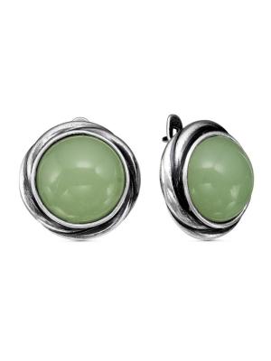 Серьги бижутерия, покрытие - серебрение с оксидированием, вставка - искусственный нефрит