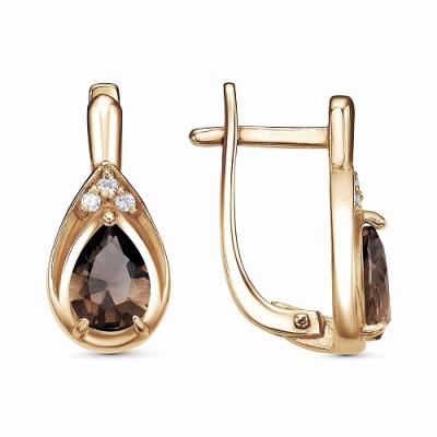 Серьги серебро 925 пробы, покрытие - золочение, вставка - дымчатый кварц, фианит (недрагоценный камень)