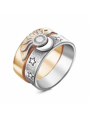 Кольцо бижутерия, покрытие - серебрение с оксидированием, выборочное золочение, вставка - фианит (недрагоценный камень)