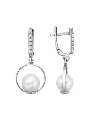 Серьги серебро 925 пробы, покрытие - родирование, вставка - имитация жемчуга, фианит (недрагоценный камень)