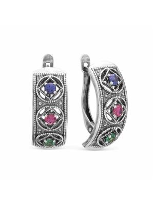 Серьги бижутерия, покрытие - серебрение с оксидированием, вставка - искусственная шпинель, синтетический корунд