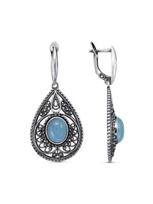 Серьги серебро 925 пробы, покрытие - оксидирование, вставка - искусственный халцедон