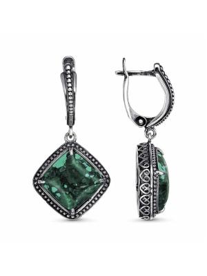 Серьги бижутерия, покрытие - серебрение с оксидированием, вставка - искусственный малахит