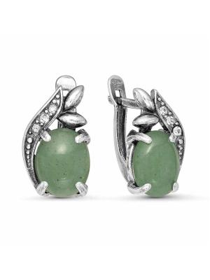 Серьги бижутерия, покрытие - серебрение с оксидированием, вставка - искусственный нефрит , стекло ювелирное preciosa