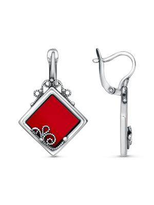 Серьги серебро 925 пробы, покрытие - оксидирование, вставка - искусственный коралл