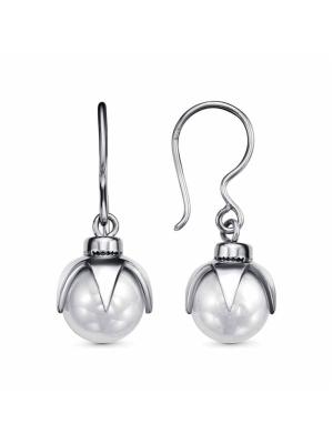 Серьги бижутерия, покрытие - серебрение с оксидированием, вставка - имитация жемчуга