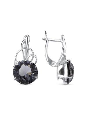 Серьги серебро 925 пробы, покрытие - родирование, вставка - искусственный дымчатый кварц