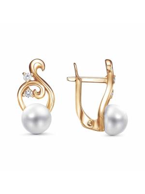 Серьги бижутерия, покрытие - золочение, вставка - культивированный жемчуг, фианит (недрагоценный камень)