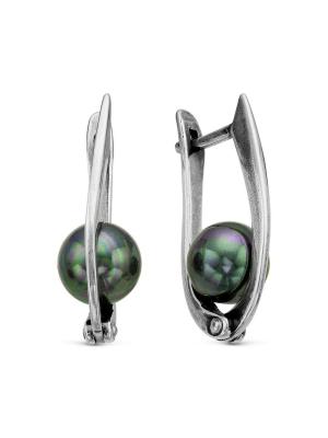 Серьги бижутерия, покрытие - серебрение с оксидированием, вставка - имитация жемчуга
