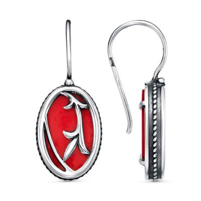 Серьги бижутерия, покрытие - серебрение с оксидированием, вставка - искусственный коралл