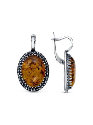 Серьги бижутерия, покрытие - серебрение с оксидированием, вставка - искусственный янтарь