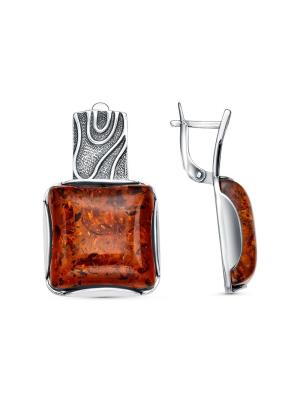 Серьги бижутерия, покрытие - серебрение с оксидированием, вставка - искусственный янтарь