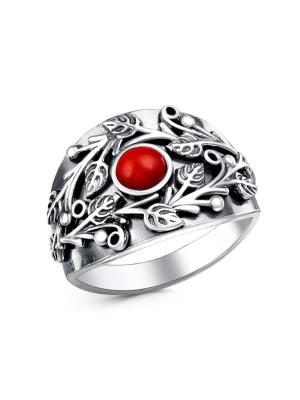 Кольцо бижутерия, покрытие - серебрение с оксидированием, вставка - искусственный коралл