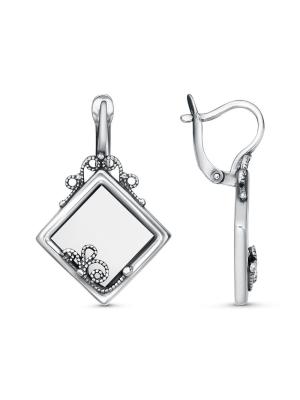 Серьги бижутерия, покрытие - серебрение с оксидированием, вставка - искусственный агат белый