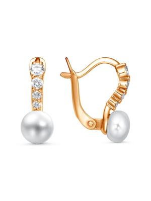 Серьги серебро 925 пробы, покрытие - золочение, вставка - культивированный жемчуг, фианит (недрагоценный камень)