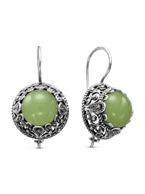 Серьги бижутерия, покрытие - серебрение с оксидированием, вставка - искусственный нефрит
