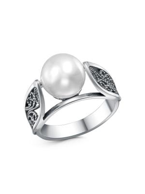 Кольцо серебро 925 пробы, покрытие - оксидирование, вставка - имитация жемчуга