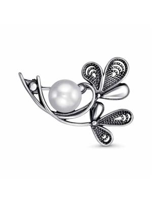 Брошь бижутерия, покрытие - серебрение с оксидированием, вставка - культивированный жемчуг