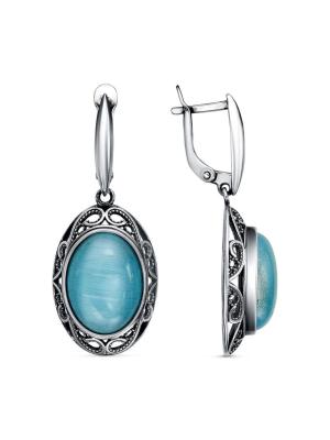 Серьги серебро 925 пробы, покрытие - оксидирование, вставка - искусственный кошачий глаз
