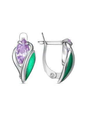 Серьги бижутерия, покрытие - платинирование, отделка - эмаль, вставка - фианит (недрагоценный камень)