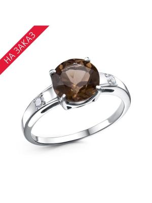 Кольцо серебро 925 пробы, покрытие - родирование, вставка - дымчатый кварц, фианит (недрагоценный камень)