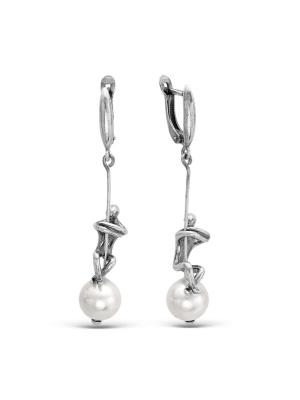 Серьги бижутерия, покрытие - серебрение с оксидированием, вставка - имитация жемчуга