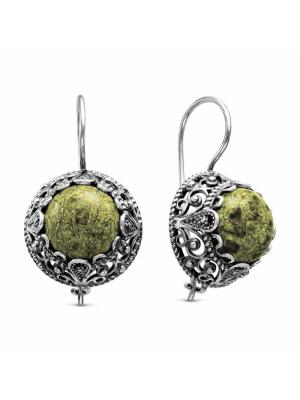 Серьги бижутерия, покрытие - серебрение с оксидированием, вставка - змеевик