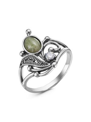 Кольцо серебро 925 пробы, покрытие - оксидирование, вставка - везувиан, фианит (недрагоценный камень)