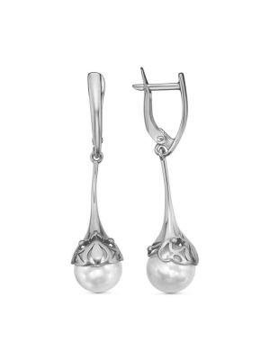 Серьги бижутерия, покрытие - серебрение с оксидированием, вставка - имитация жемчуга