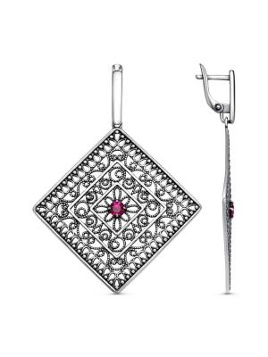 Серьги бижутерия, покрытие - серебрение с оксидированием, вставка - синтетический корунд