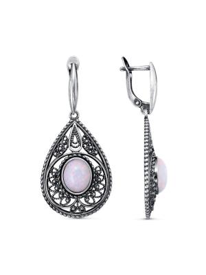 Серьги серебро 925 пробы, покрытие - оксидирование, вставка - опал белый синтетический