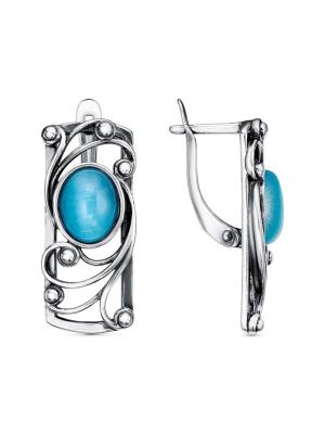 Серьги бижутерия, покрытие - серебрение с оксидированием, вставка - искусственный кошачий глаз