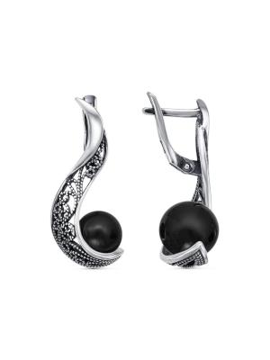 Серьги бижутерия, покрытие - серебрение с оксидированием, вставка - имитация жемчуга