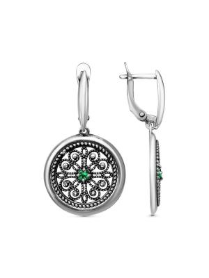 Серьги бижутерия, покрытие - серебрение с оксидированием, вставка - искусственная шпинель