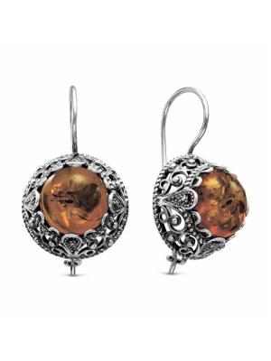 Серьги бижутерия, покрытие - серебрение с оксидированием, вставка - искусственный янтарь