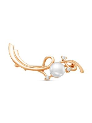 Брошь бижутерия, покрытие - золочение, вставка - культивированный жемчуг, фианит (недрагоценный камень)