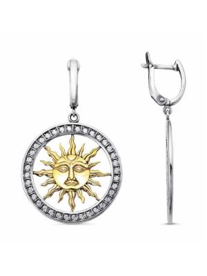 Серьги серебро 925 пробы, покрытие - оксидирование, выборочное золочение, вставка - фианит (недрагоценный камень)