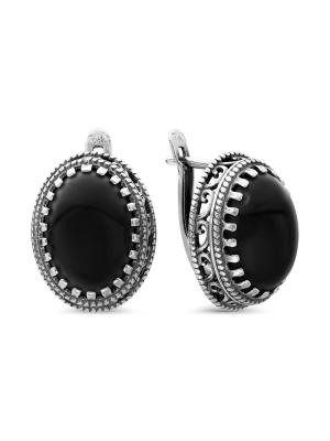 Серьги бижутерия, покрытие - серебрение с оксидированием, вставка - искусственный агат черный
