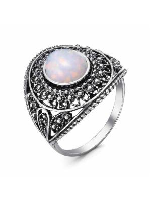 Кольцо серебро 925 пробы, покрытие - оксидирование, вставка - опал белый синтетический