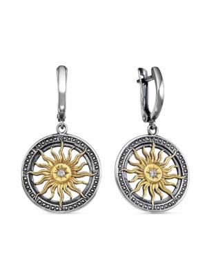 Серьги серебро 925 пробы, покрытие - оксидирование, выборочное золочение, вставка - фианит (недрагоценный камень)