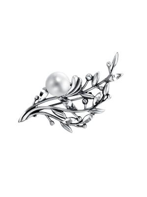 Брошь серебро 925 пробы, покрытие - оксидирование, отделка - алмазная грань, вставка - культивированный жемчуг