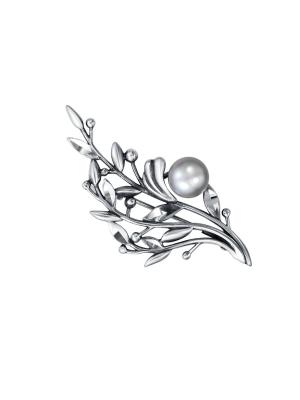 Брошь серебро 925 пробы, покрытие - оксидирование, отделка - алмазная грань, вставка - культивированный жемчуг